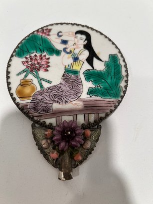 Hand Painted Asian Style Hand Mirror, Needs Handle, In Very Nice Condition