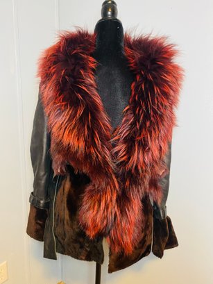 Amazing Multi Fabric Jacket With Red Boa Collar