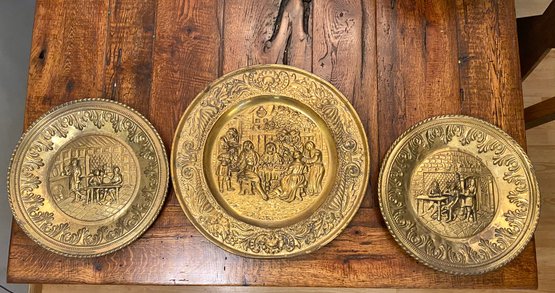 Vintage PEERAGE  Embossed Brass Wall Plates - Made In England Dinner Scene