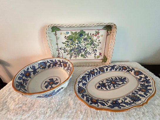 Summertime, Family Style Platter, Bowl, And Wicker Serving Tray