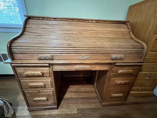 'S' Top Oak Rolltop Desk, Locking, With Original Keys
