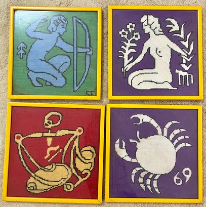 4 Handmade Needle Point Astrological Signes In Colorful Frames