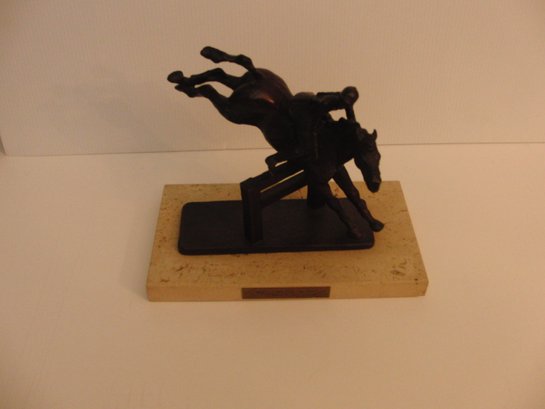 Miniature Bronze Sculpture Horse Jumping Over Hurdle