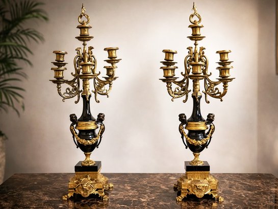 A Pair Of Bronze And Marble Brevettato Candelabra, Mid 20th Century, Lancini Of Italy ###