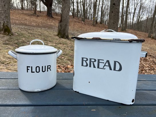 Vintage Bread And Flour Enamel Metal Tins