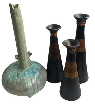 Lot Of 4 Decorative Pottery Pieces - Handmade & Botella