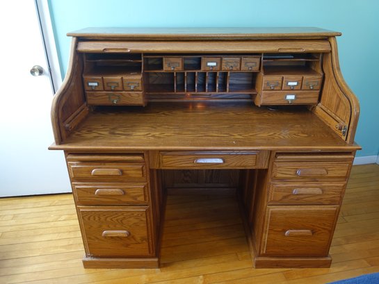 Solid Oak Vintage Mid Century Modern Roll Top Desk
