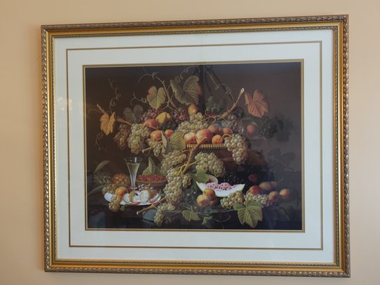 An Alluring Still Life Print Of Grapes And Fruit In A Gold Gilded Frame