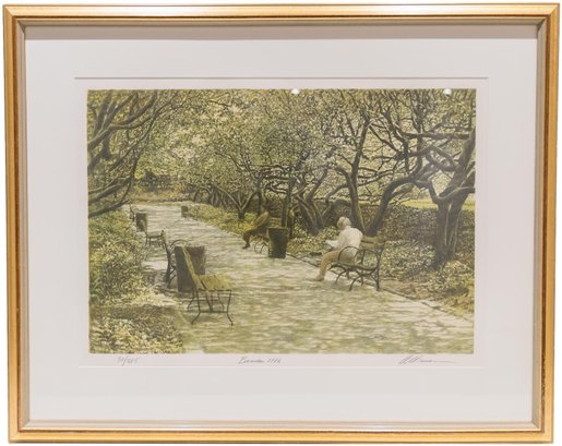 Signed Harold Altman Color Lithograph Numbered 32/285 Titled 'Benches'