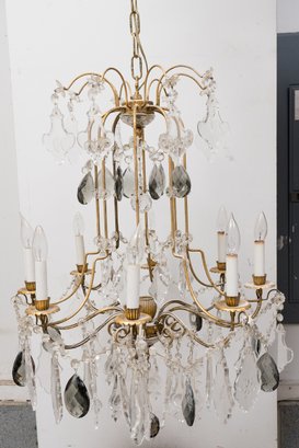Impressive 8- Candle Beaded Chandelier With Antique Gold Finish Frame And Extra Large Pendant Crystals