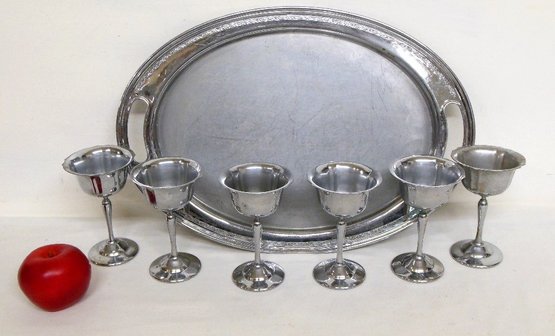 Art Deco Era Chromed Farber Bros. Signed Oval 18' Tray With 6 Chromed Cocktail Glasses