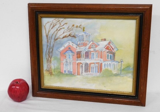 A Framed Watercolor Of A Victorian Era Brick Home With Large Cupola On Roof