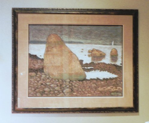 Pastel, Still Life Of Rocks In Water Signed Alan Praino '04, Professionally Framed & Double Matted