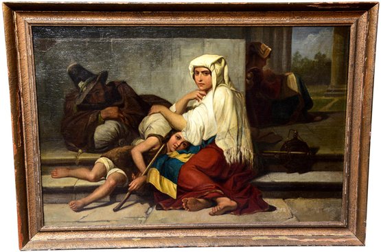 After Delaroche Pilgrims In Rome Unsigned Oil On Canvas Painting