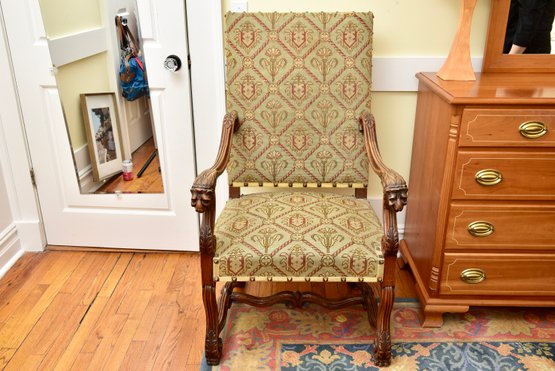 Louis XIV Style Needlepoint Carved Wood Arm Chair With Lion Head Design