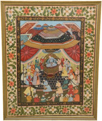 Framed Indian Painting On Silk Fabric Depicting India During The 17th And 18th Centuries