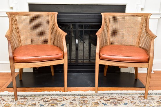 Pair Of Wood Cane Back Chairs With Faux Leather Seat Cushions