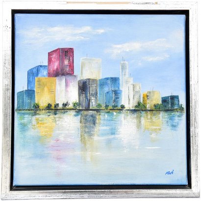 Signed Mia Oil On Canvas Painting Of A City Landscape