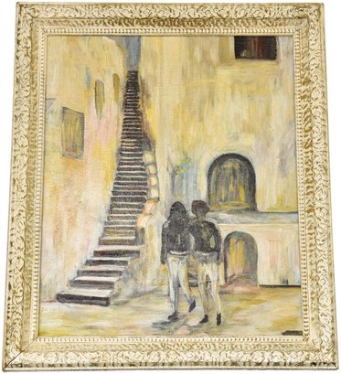 Signed Illegible Oil On Canvas Painting Of A Couple Standing In Front Of A Long Staircase