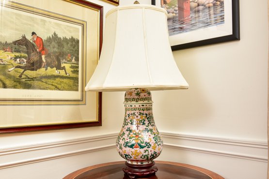 Ceramic Hand Painted Table Lamp With Carved Wood Base
