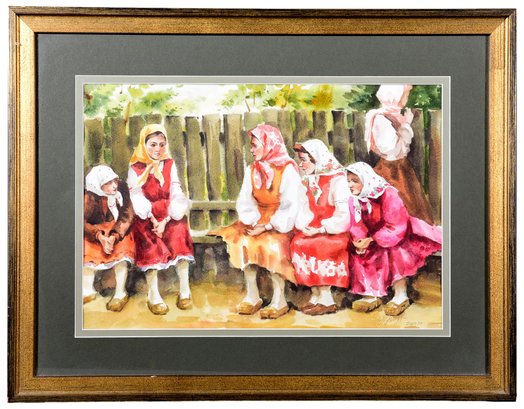 Signed Watercolor Painting Depicting Women Talking On A Bench