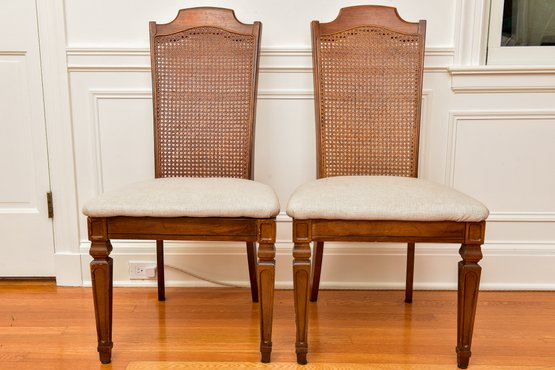 Pair Of Wood Cane Back Side Chairs With Upholstered Seat Cushions