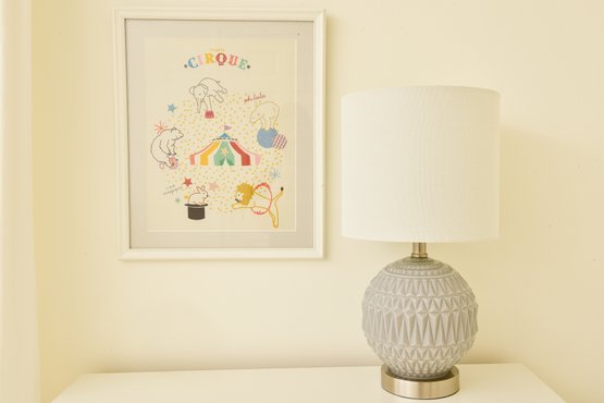 Ceramic And Metal Grey And White Table Lamp And Mon Cirque Wall Art