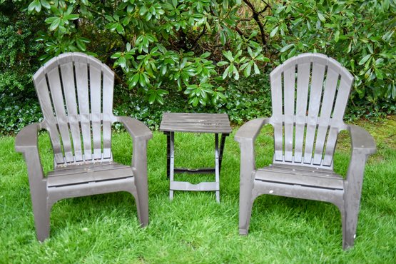 Set Of Two Lightweight Resin Outdoor Adirondack Chairs With Folding Side Table