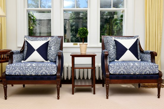 Pair Of Ethan Allen Custom Upholstered Armchairs With Pillows