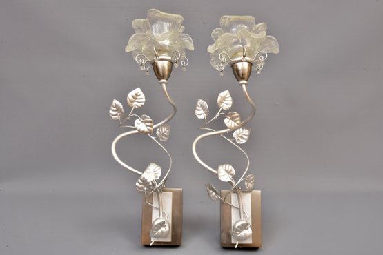 Pair Of Bege Home Collection Silver Floral Wall Electric Sconces