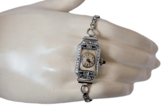 Brunvil Watch Co. 14k White Gold Diamond And Sapphire Ladies Art Deco Watch With Sapphire Crown