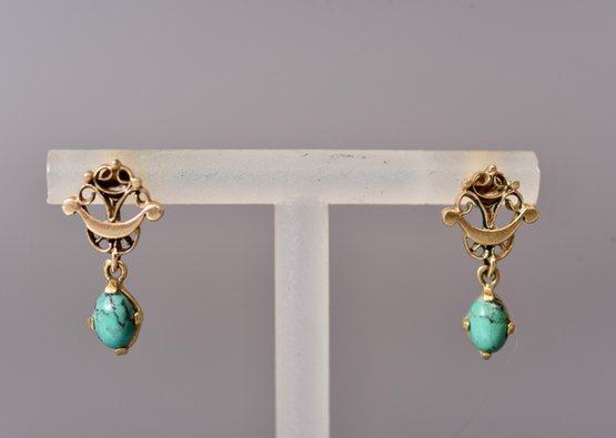 14k Yellow Gold And Turquoise Pierced Earrings