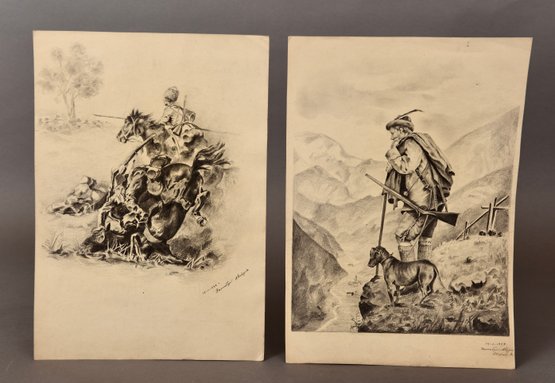 Pair Of Signed Pencil Drawings Dated 1949
