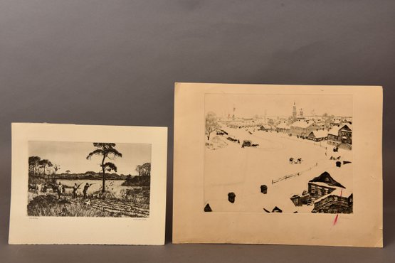 Tali-Crome Print Of Etching By A. Lassell Ripley Titled 'Good Hunting' And Signed Pencil Drawing Of A Village