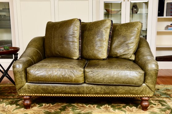 Custom Distressed Ralph Lauren Style Leather Two Cushion Loveseat With Down Filled Reversible Cushions