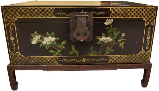 Hand Painted Chinese Lacquered Floral Wood Chest With Stand