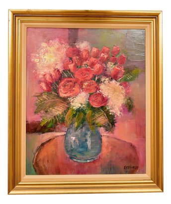 Signed Elizabeth Estivalet (b. 1952) Framed Oil On Canvas Painting Titled 'Les Roses' With COA