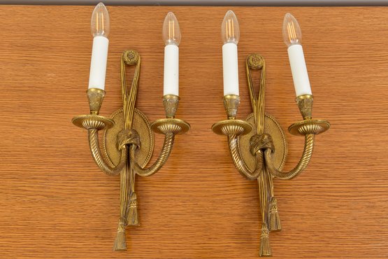 Pair Of Brass Two Arm Tied Tassel Wall Sconces