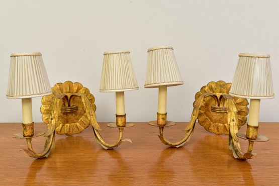 Pair Of Nesle Gilt Acanthus Leaf Double Arm Wall Sconces With Pleated Shades