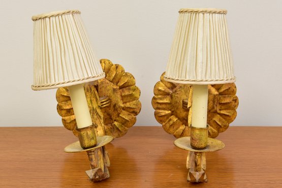 Pair Of Nesle One Arm Gilt Wall Sconces With Pleated Shades