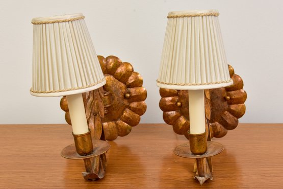 Pair Of Nesle Gilt One Arm Wall Sconces With Pleated Shades