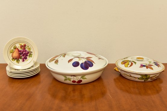 Set Of Two Royal Worcester Evesham Covered Casseroles And Six Fruit Themed Plates