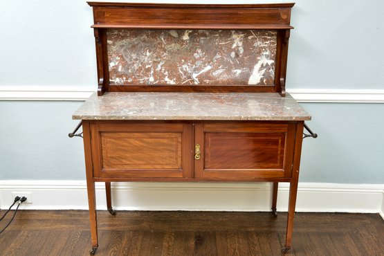 Antique English Sideboard With Marble Top On Brass Casters (RETAIL $450)