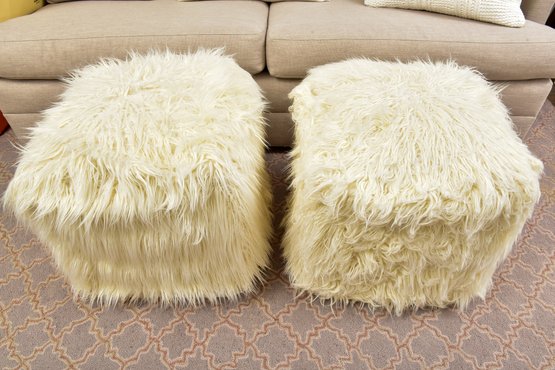 Pair Of Ivory Faux Fur Accent Poufs (RETAIL $577)