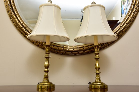Pair Of Brass Candlestick Form Table Lamps