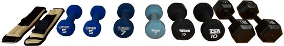 Collection Of Dumbells 15lbs, 10lbs, 7lbs, 5lbs And 1 1/2lb Ankle Weights