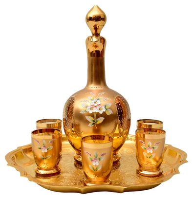 Murano Hand Painted Gilt Decanter And Five Matching Glasses With Hand Painted Enamel Flowers