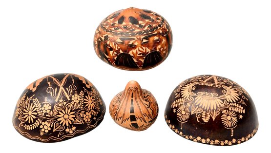 Peruvian Folk Art Hand Carved Dried And Dyed Gourd With Lid, Carved Gourds And More