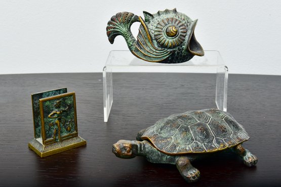 Vintage Brass Fish Sculpture Ashtray, Brass Tortoise Ashtray, And Brass Matchbook Holder