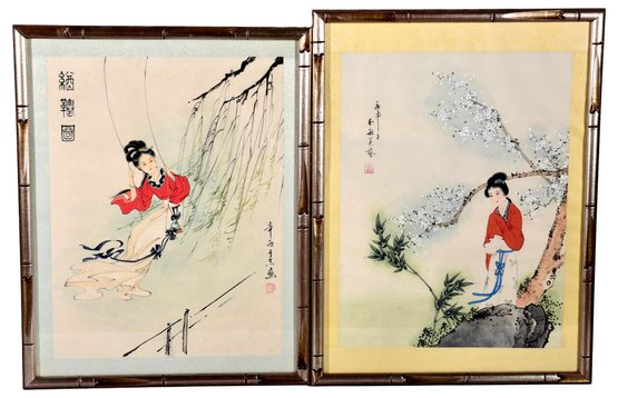 Pair Of Framed Japanese Watercolor Paintings